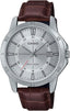 Casio MTP-V004L-7C watch featuring a white dial with large black numbers and a leather strap.