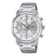 Men's Casio MTP-E510D-2A watch featuring a stainless steel case, silver dial with silver-tone hour markers, and a date display, complemented by a silver stainless steel bracelet.