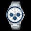 Casio MTP-1374D-7A2 Enticer men's watch with white dial, blue bezel, and stainless steel silver metal band.