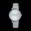 Casio LTP-2024VM-7CDF women’s silver analog watch with matching silver bangle jewelry set on a white background.