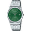 Casio MTP-B145D-3A stainless steel watch with turquoise Tiffany blue dial on a white background.