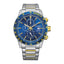 Citizen AN3684-59L men’s chronograph watch with blue dial, two-tone stainless steel bracelet, quartz movement, and tachymeter bezel