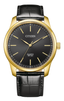Citizen BH5002-02E men's quartz watch with black dial, gold-tone stainless steel case, and black leather strap for formal and casual wear.