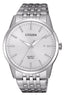 Citizen BI5000-87A men's stainless steel analog watch with white dial and silver bracelet design