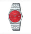 Casio Men's Analog Watch, Model MTP-B145D-4A2, featuring a sleek silver stainless steel band, bold red dial with minimalist markers, and water resistance. A stylish and functional accessory for any occasion.