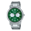 Casio General MTP-E335D-3E watch featuring a sleek silver stainless steel band, round green dial with silver-tone hands, and date display, showcasing a modern and elegant design suitable for casual and formal occasions.
