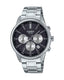 Casio General MTP-E515D-1A wristwatch featuring a sleek silver stainless steel band, a black round dial with silver-tone hands and hour markers, and a date display at 3 o'clock.