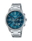 Casio General MTP-E515D-2A1 wristwatch featuring a silver stainless steel band, a blue analog dial with silver-tone hour markers, and a date display at 3 o'clock. The watch has a classic, elegant design suitable for both casual and formal occasions.