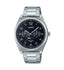 Casio MTP-M300D-1A watch with a black dial, silver stainless steel bracelet, and three sub-dials including moon phase.