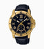 Casio MTP-VD200GL-1B watch with a gold-tone case, black dial, and black leather strap.