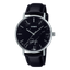 Casio MTP-VT01LM-1A watch with a polished gold-tone case, black dial, and black leather strap.