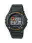 Black Casio digital watch with orange accents on a white background