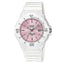 Pink Casio LRW-200H-4E3 women’s analog wristwatch with resin strap and water-resistant sporty design on white background.