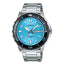 Casio MTD-125D-2A3V men's stainless steel analog watch with blue dial, date display, and 100M water resistance