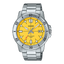 CASIO Men Watch MTP-VD01D-9EV, featuring a sleek silver stainless steel band, a round black dial with silver hour markers, and a date display.