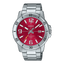 Casio MTP-VD01D-4B men's watch featuring a vibrant red sunray dial and silver stainless steel bracelet.