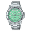 Casio General – MTP-VD01D-3E1V watch with a silver stainless steel band, green dial, and luminous hands, showcasing a classic and elegant design.