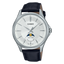Casio MTP-M100L-7A dress watch featuring a silver dial, moon phase complication, and black leather strap.