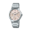 Close-up image of the Casio LTP-V300D-4A women's watch featuring a silver stainless steel band and a round dial with a pink background and silver-tone hour markers.