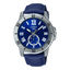 Casio MTP-VD200L-2B watch featuring a navy blue dial, silver-tone case, and blue leather strap.