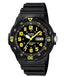 Black wristwatch with yellow hour markers on a white background
