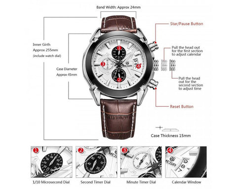 MEGIR 2020G Mens Military Wrist Watch Chronograph Multifunction 3ATM Waterproof Quartz (Brown)