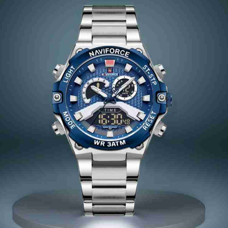 NF-9207 steel strap and blue digital dial military grade quality stunning loos Analog-Digital Watch - For Men