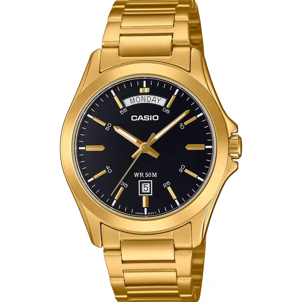 Casio-MTP-1370G-1A-mens-gold-stainless-steel-watch-black-dial Main image
