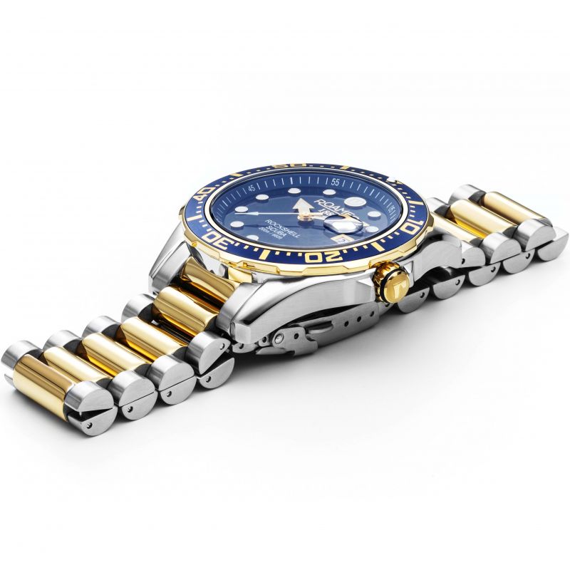 Mens Roamer Rockshell Mark III Scuba Blue Dial Yellow Gold Bicolour Bracelet Watch 220858-47-45-50