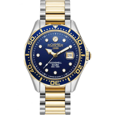 Mens Roamer Rockshell Mark III Scuba Blue Dial Yellow Gold Bicolour Bracelet Watch 220858-47-45-50