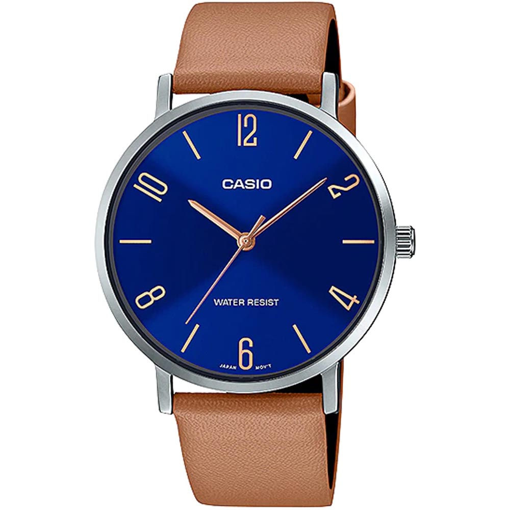 Casio MTP-VT01L-2B2 watch featuring a navy blue dial, silver-tone case, and tan leather strap. Main image
