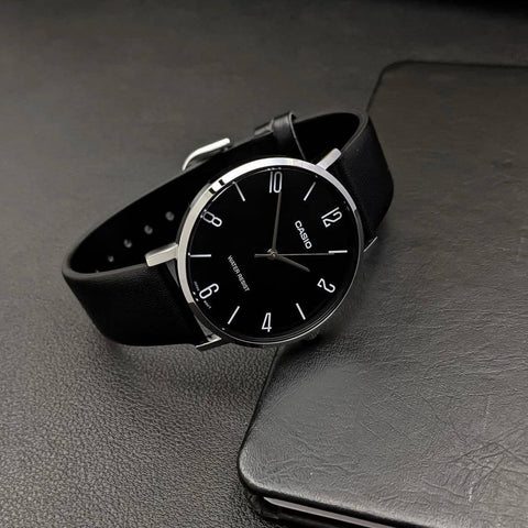 Casio - MTP-VT01L-1B2UDF Men's Minimalistic Black Dial Black Leather Band Analog Watch