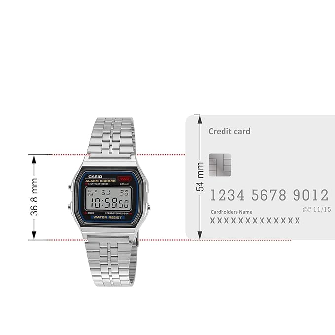 Casio A159W-N1DF watch with a classic rectangular digital display, chrome-plated resin case, and stainless steel band featuring a triple-fold clasp; includes LED light, daily alarm, stopwatch, and water resistance. Zamana.pk