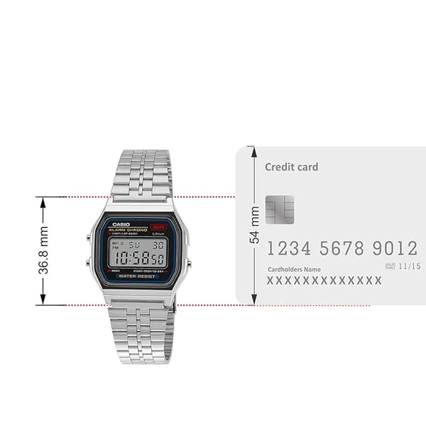 Casio A159W-N1DF watch with a classic rectangular digital display, chrome-plated resin case, and stainless steel band featuring a triple-fold clasp; includes LED light, daily alarm, stopwatch, and water resistance. Zamana.pk