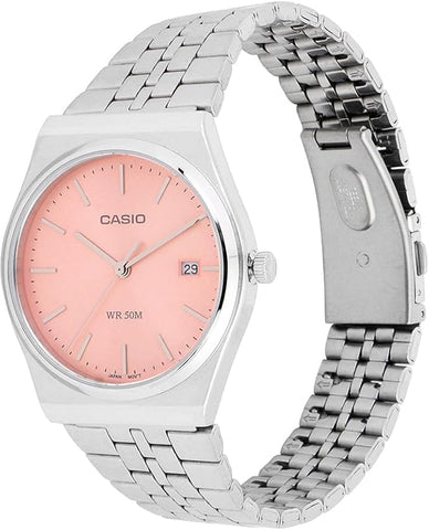 Casio Watch MTP-B145D-4AVDF, featuring a sleek silver stainless steel band and a striking red dial. The watch has a minimalist design with a durable metal case, ideal for casual and formal wear.