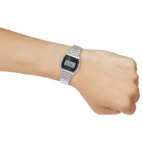 Casio A159W-N1DF watch with a classic rectangular digital display, chrome-plated resin case, and stainless steel band featuring a triple-fold clasp; includes LED light, daily alarm, stopwatch, and water resistance.