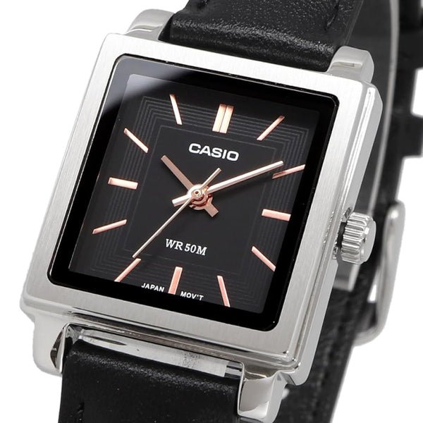 Casio LTP-E176L-1A women’s rectangular watch with silver stainless steel case, black dial, and black leather strap.