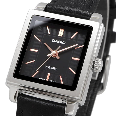 Casio LTP-E176L-1A women’s rectangular watch with silver stainless steel case, black dial, and black leather strap.