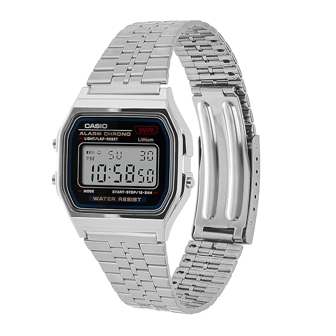 Casio A159W-N1DF watch with a classic rectangular digital display, chrome-plated resin case, and stainless steel band featuring a triple-fold clasp; includes LED light, daily alarm, stopwatch, and water resistance.