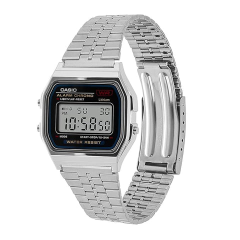 Casio A159W-N1DF watch with a classic rectangular digital display, chrome-plated resin case, and stainless steel band featuring a triple-fold clasp; includes LED light, daily alarm, stopwatch, and water resistance.