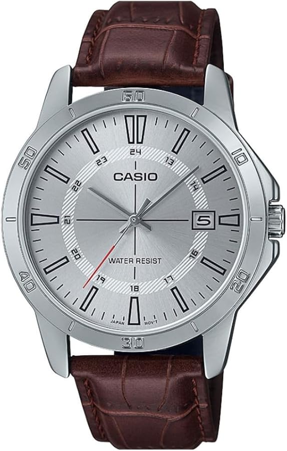 Casio MTP-V004L-7C watch featuring a white dial with large black numbers and a  leather strap. Main image