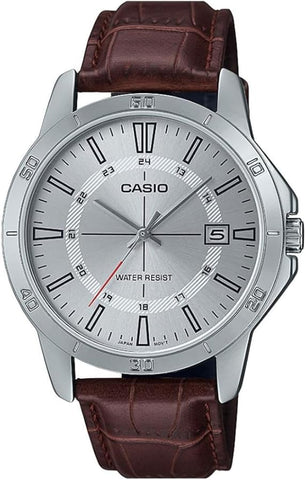 Casio MTP-V004L-7C watch featuring a white dial with large black numbers and a  leather strap.
