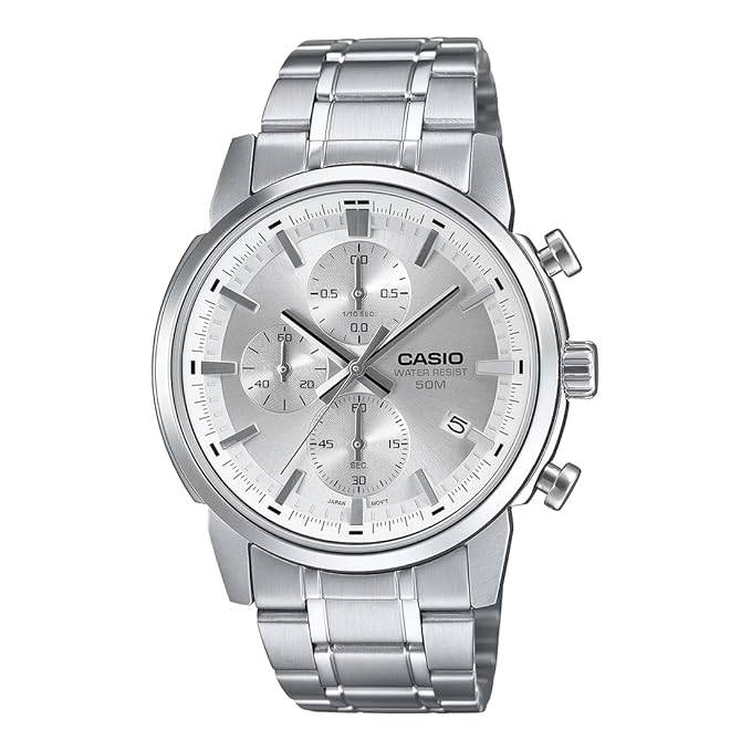 Men's Casio MTP-E510D-2A watch featuring a stainless steel case, silver dial with silver-tone hour markers, and a date display, complemented by a silver stainless steel bracelet.