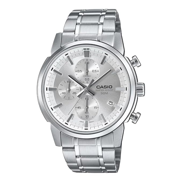 Men's Casio MTP-E510D-2A watch featuring a stainless steel case, silver dial with silver-tone hour markers, and a date display, complemented by a silver stainless steel bracelet.