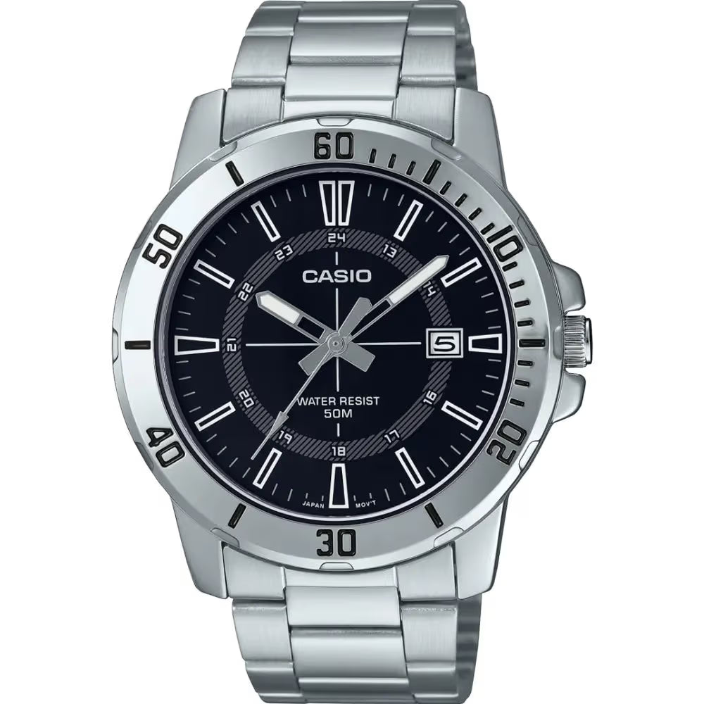 Casio MTP-VD01D-1C men’s stainless steel analog wrist watch with sporty black dial and silver strap Main image