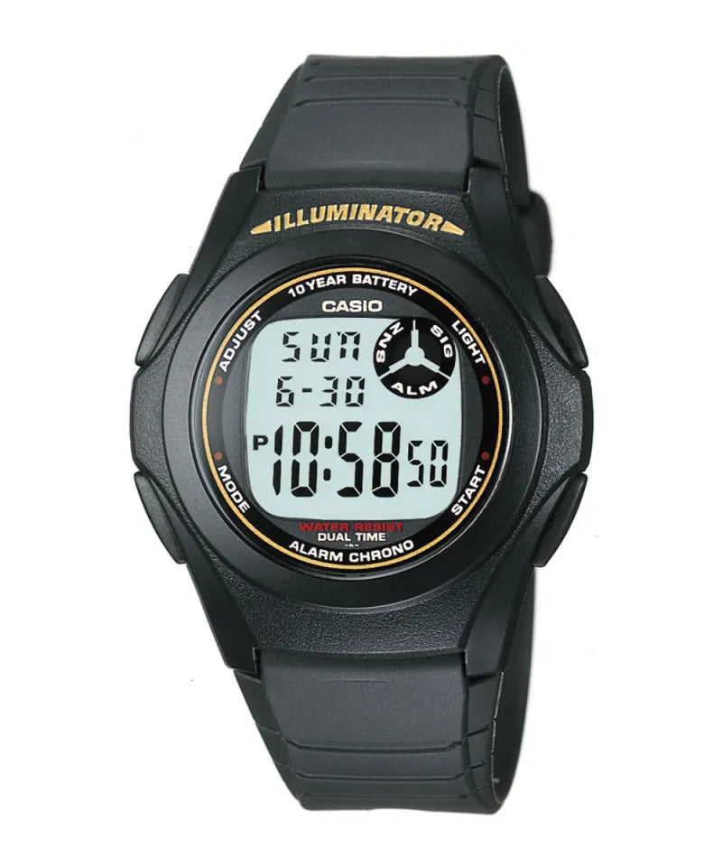Black Casio digital watch on a white background