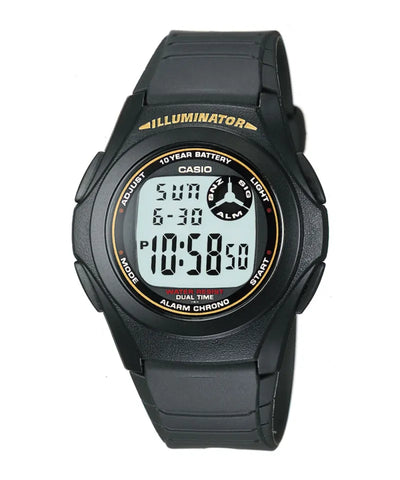 Black Casio digital watch on a white background