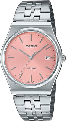 Casio Watch MTP-B145D-4AVDF, featuring a sleek silver stainless steel band and a striking red dial. The watch has a minimalist design with a durable metal case, ideal for casual and formal wear.
