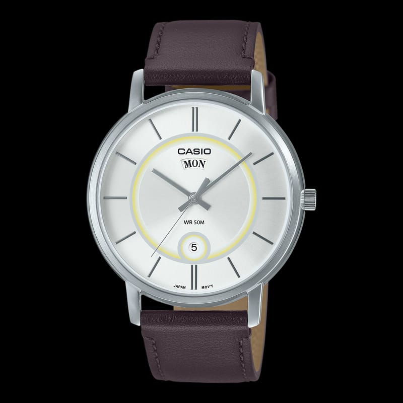 Casio Enticer MTP-B120L-7A men's dress watch with white dial and brown leather strap. Main image