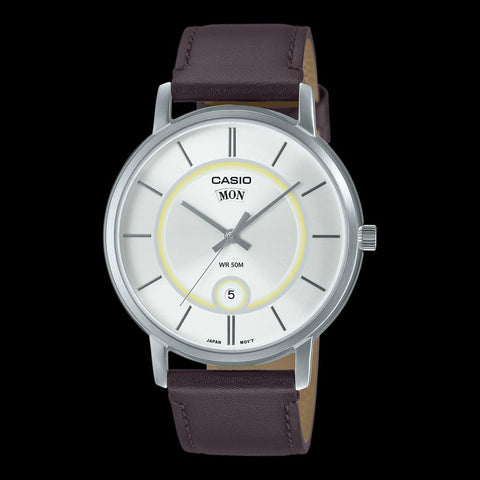 Casio Enticer MTP-B120L-7A men's dress watch with white dial and brown leather strap.